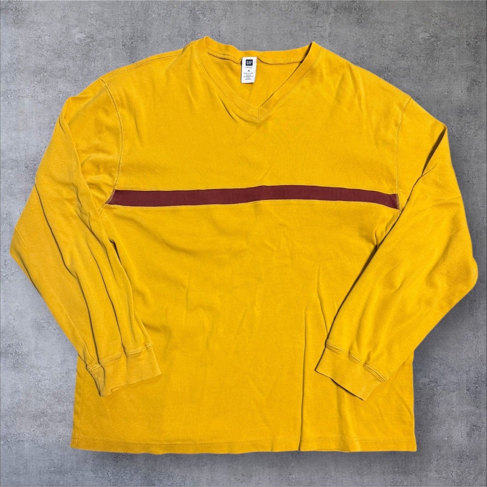Gap Men's Sweater Size X Large V Neck Knit Yellow Striped‎ Pullover Stretch
